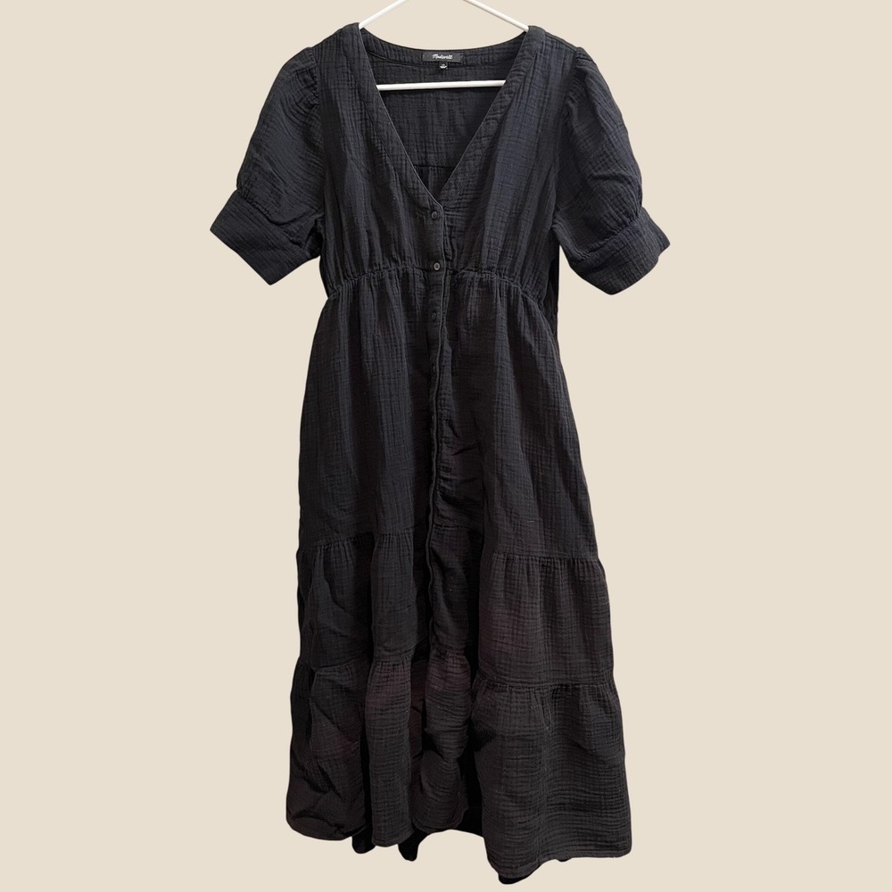 Madewell Gauze Midi Dress Women 12 Black Tiered Button Front Short Puff Sleeve